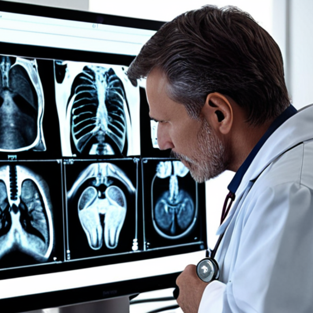 **Prompt:** A doctor examining a patient's X-ray with AI assistance, highlighting early cancer detection and improved treatment chances. Focus on the technological advancement and hope.
