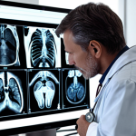 **Prompt:** A doctor examining a patient's X-ray with AI assistance, highlighting early cancer detection and improved treatment chances. Focus on the technological advancement and hope.