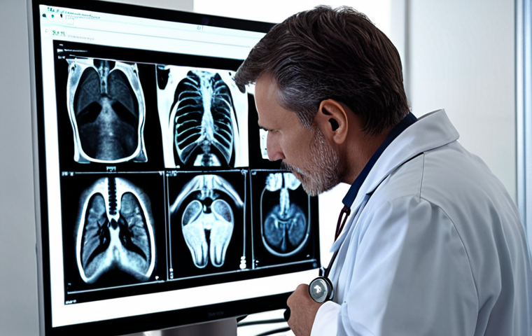 **Prompt:** A doctor examining a patient's X-ray with AI assistance, highlighting early cancer detection and improved treatment chances. Focus on the technological advancement and hope.