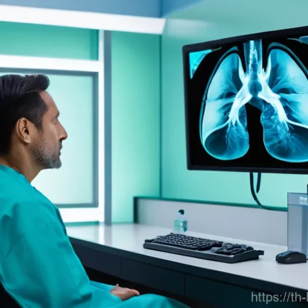 AI를 활용한 X ray 영상 분석 방법 - **Prompt:** A state-of-the-art medical imaging room. A male radiologist, wearing clean blue scrubs a...