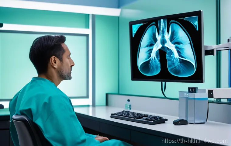 AI를 활용한 X ray 영상 분석 방법 - **Prompt:** A state-of-the-art medical imaging room. A male radiologist, wearing clean blue scrubs a...