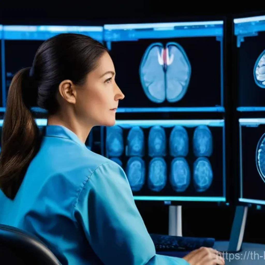 MRI 영상에서 AI 분석의 역할 - **Prompt:** A highly detailed, realistic image of a female radiologist, approximately 40 years old, ...