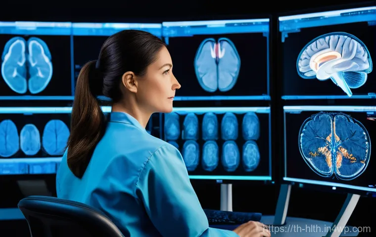 MRI 영상에서 AI 분석의 역할 - **Prompt:** A highly detailed, realistic image of a female radiologist, approximately 40 years old, ...