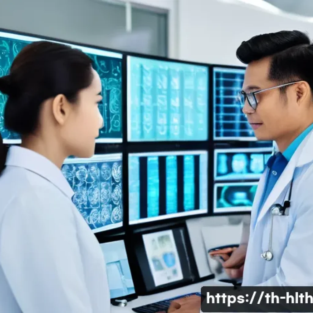 의료 영상 AI 분석의 윤리적 문제 - A modern Thai hospital setting showcasing a diverse group of medical professionals, including a male...