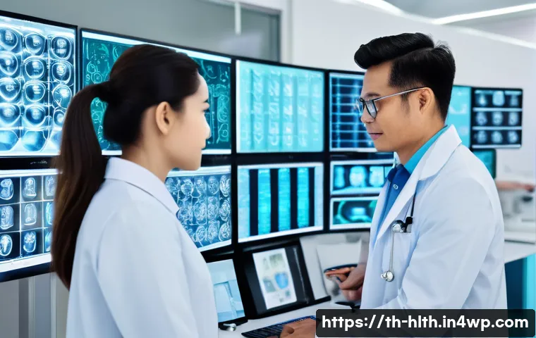 의료 영상 AI 분석의 윤리적 문제 - A modern Thai hospital setting showcasing a diverse group of medical professionals, including a male...
