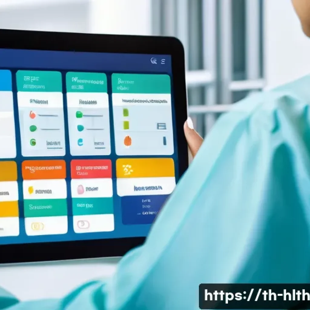 AI 의료 영상 분석의 사용자 경험 향상 - A clean and modern medical AI interface displayed on a sleek tablet held by a Thai doctor in a hospi...