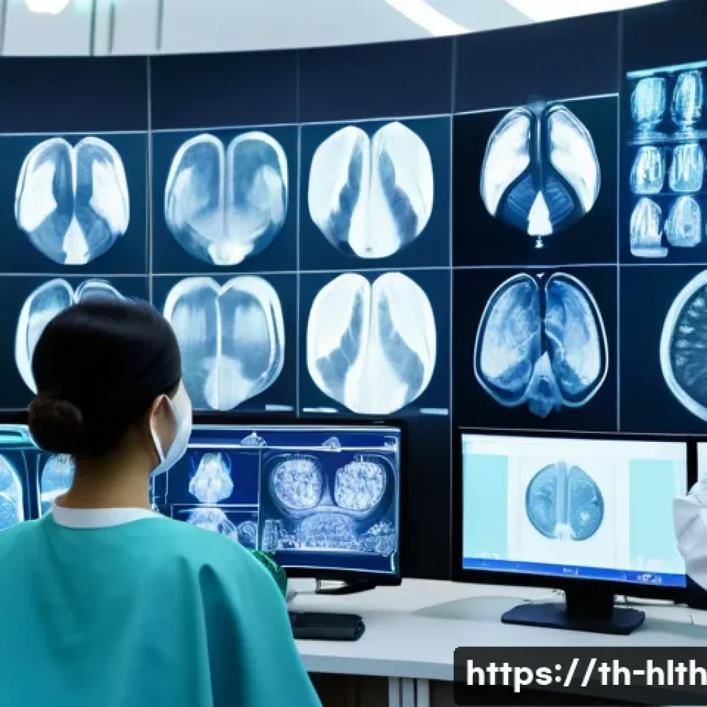 AI 기반 영상 분석의 의료 업계 도입 사례 - A high-tech medical laboratory scene showing a diverse group of Thai doctors and nurses using advanc...
