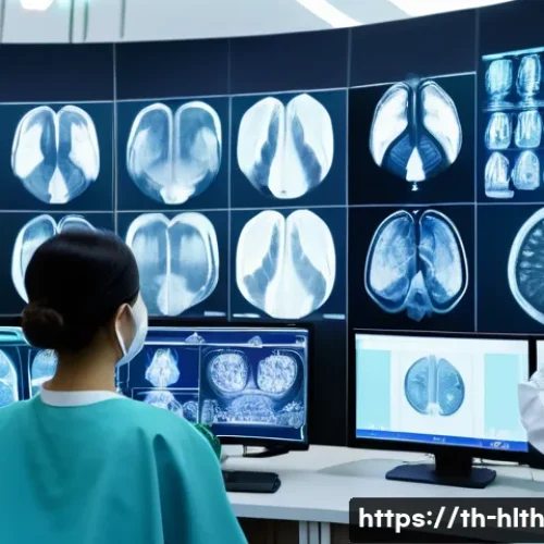 Home 33 AI 기반 영상 분석의 의료 업계 도입 사례 - A high-tech medical laboratory scene showing a diverse group of Thai doctors and nurses using advanc...