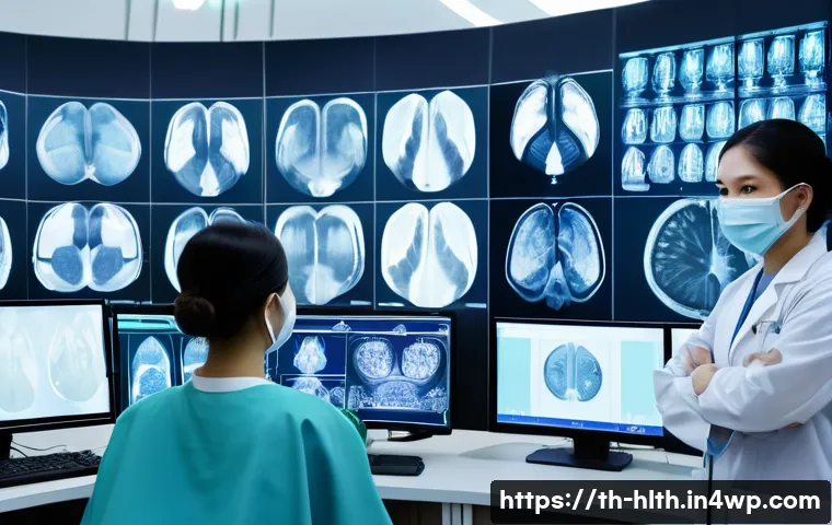 AI 기반 영상 분석의 의료 업계 도입 사례 - A high-tech medical laboratory scene showing a diverse group of Thai doctors and nurses using advanc...