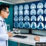 Home 20 AI가 의료 영상 분석에 미치는 영향 - A modern Thai hospital radiology room with advanced AI-powered medical imaging equipment displaying ...