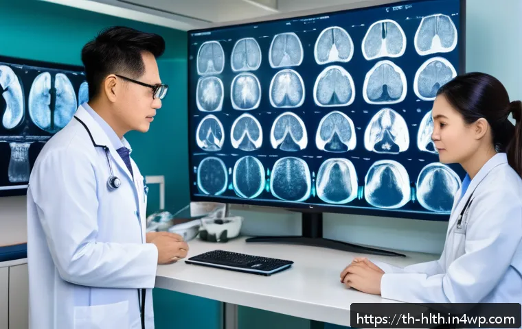 AI가 의료 영상 분석에 미치는 영향 - A modern Thai hospital radiology room with advanced AI-powered medical imaging equipment displaying ...