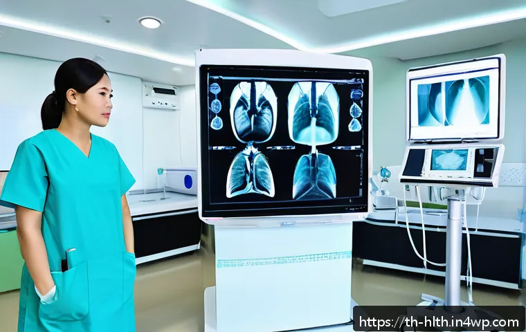 AI 기반 의료 영상 분석 기술 소개 - A modern Thai hospital radiology room with advanced AI medical imaging systems displaying detailed c...