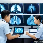 Home 23 의료 영상 AI 분석 연구소와 협력 방안 - A modern Thai hospital radiology room featuring a diverse team of medical professionals analyzing di...