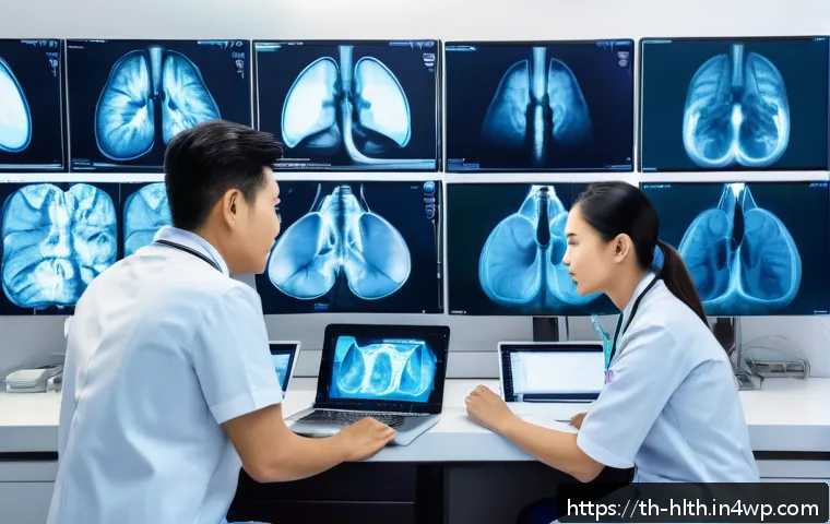의료 영상 AI 분석 연구소와 협력 방안 - A modern Thai hospital radiology room featuring a diverse team of medical professionals analyzing di...