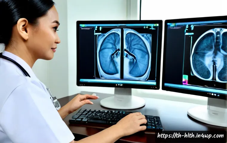 Home 29 AI 의료 영상 분석의 데이터 표준화 - Photorealistic modern hospital radiology department in Thailand, a Thai female radiologist and male ...